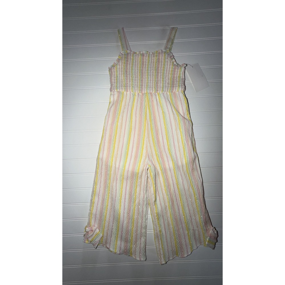 Rare Editions Girls Pastel Stripe Smocked Jumpsuit Pink Yellow Seersucker 4T NWT